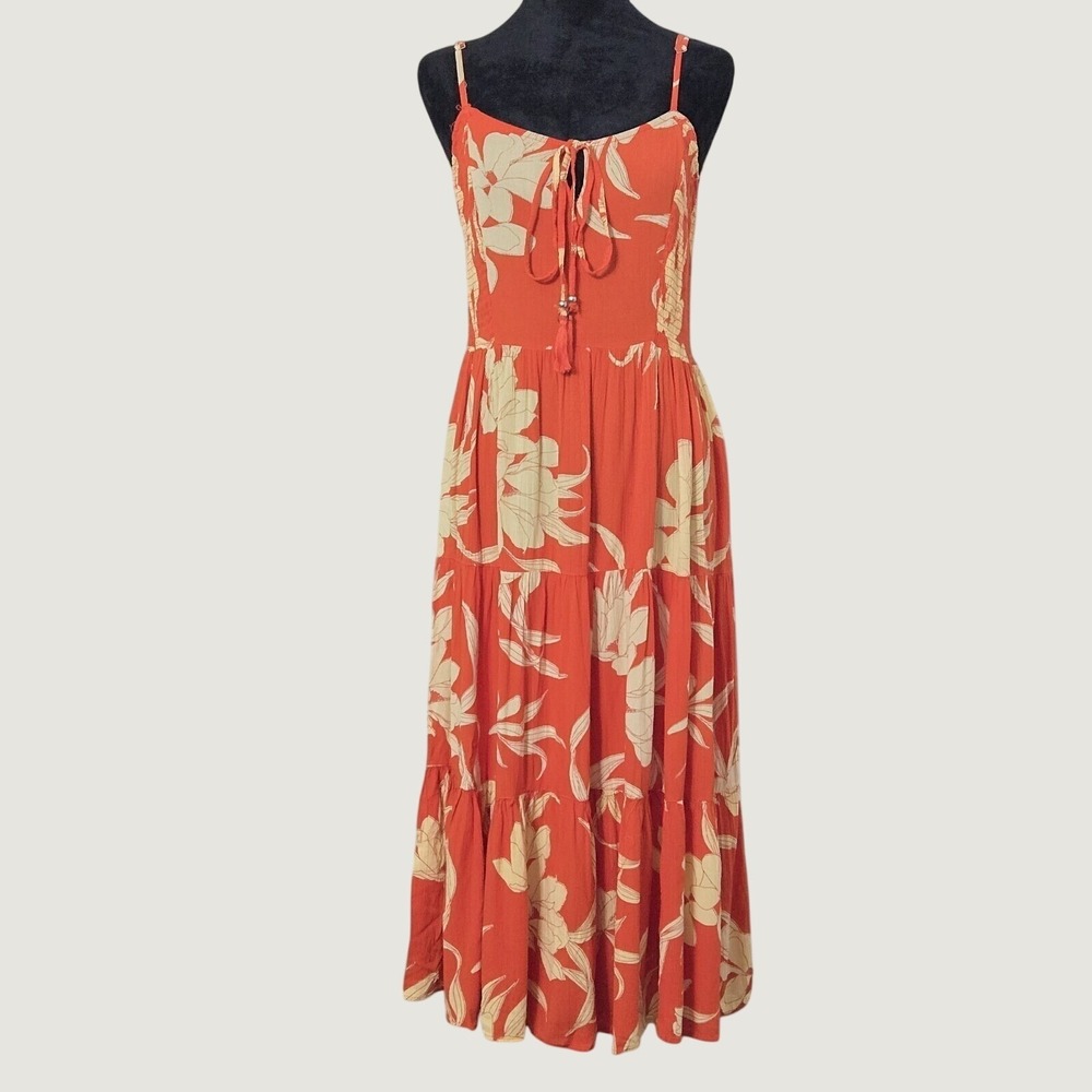 Angie Orange Floral Maxi Dress L Smocked Lace Up Back Boho Resort Vacation - Picture 2 of 5